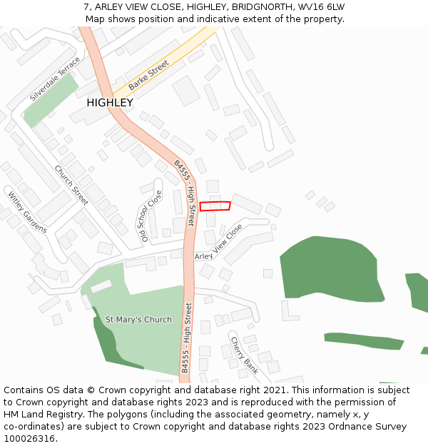 7, ARLEY VIEW CLOSE, HIGHLEY, BRIDGNORTH, WV16 6LW: Location map and indicative extent of plot