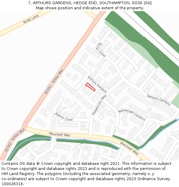 7, ARTHURS GARDENS, HEDGE END, SOUTHAMPTON, SO30 2NQ: Location map and indicative extent of plot