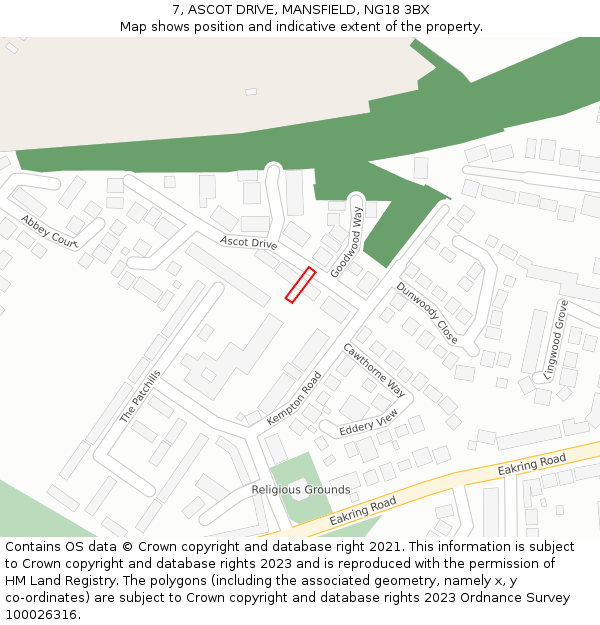 7, ASCOT DRIVE, MANSFIELD, NG18 3BX: Location map and indicative extent of plot