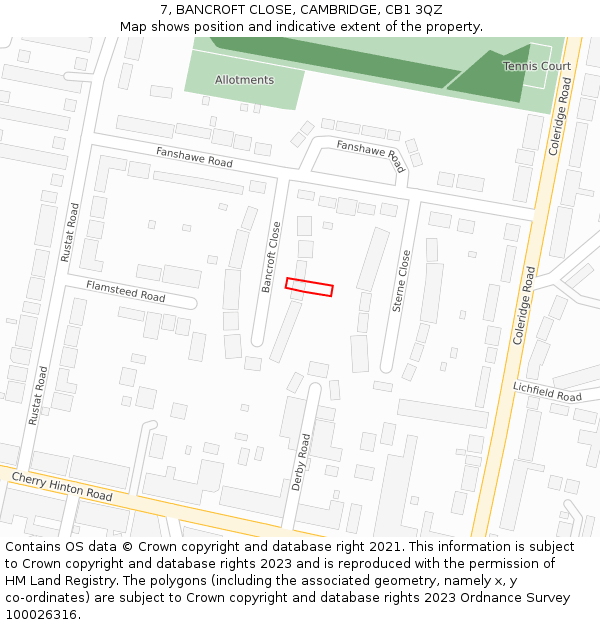 7, BANCROFT CLOSE, CAMBRIDGE, CB1 3QZ: Location map and indicative extent of plot