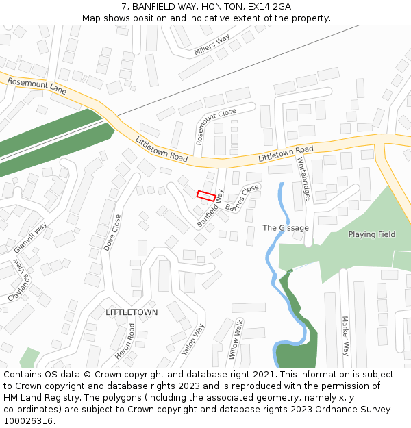 7, BANFIELD WAY, HONITON, EX14 2GA: Location map and indicative extent of plot