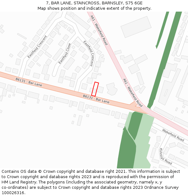 7, BAR LANE, STAINCROSS, BARNSLEY, S75 6GE: Location map and indicative extent of plot