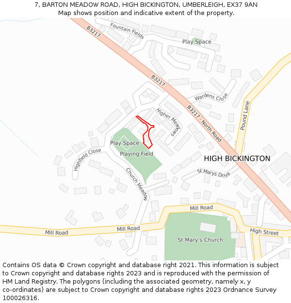 7, BARTON MEADOW ROAD, HIGH BICKINGTON, UMBERLEIGH, EX37 9AN: Location map and indicative extent of plot