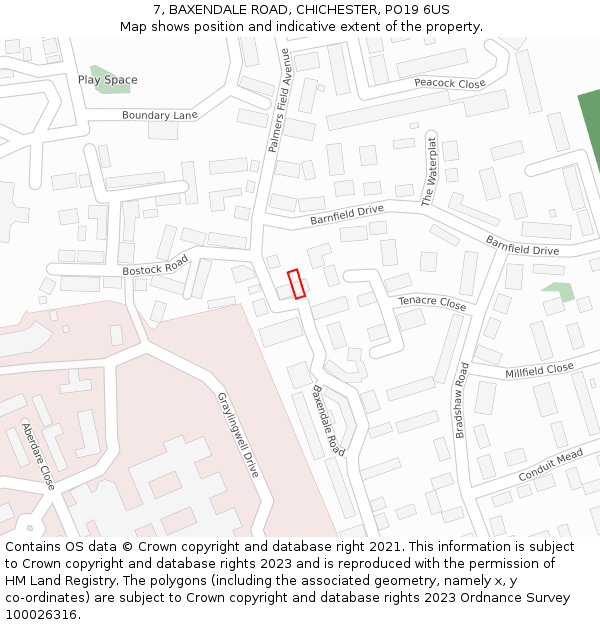 7, BAXENDALE ROAD, CHICHESTER, PO19 6US: Location map and indicative extent of plot