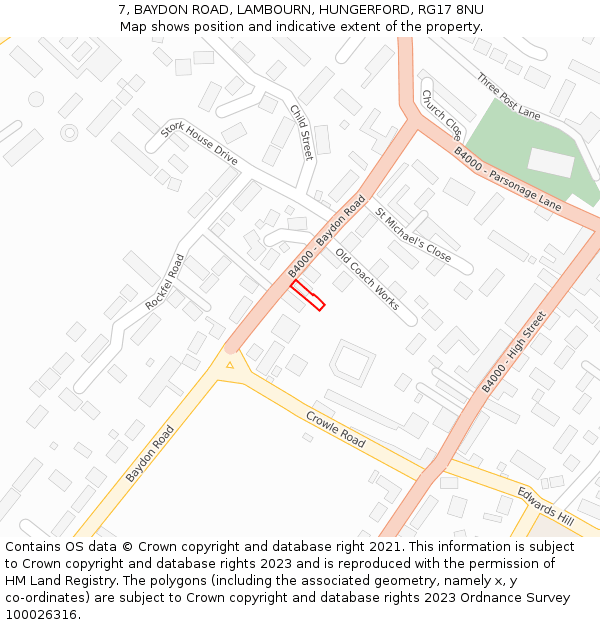 7, BAYDON ROAD, LAMBOURN, HUNGERFORD, RG17 8NU: Location map and indicative extent of plot