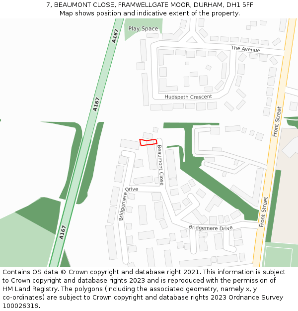 7, BEAUMONT CLOSE, FRAMWELLGATE MOOR, DURHAM, DH1 5FF: Location map and indicative extent of plot