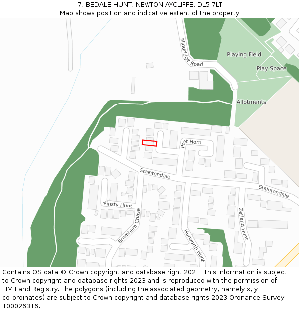 7, BEDALE HUNT, NEWTON AYCLIFFE, DL5 7LT: Location map and indicative extent of plot