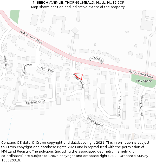 7, BEECH AVENUE, THORNGUMBALD, HULL, HU12 9QP: Location map and indicative extent of plot