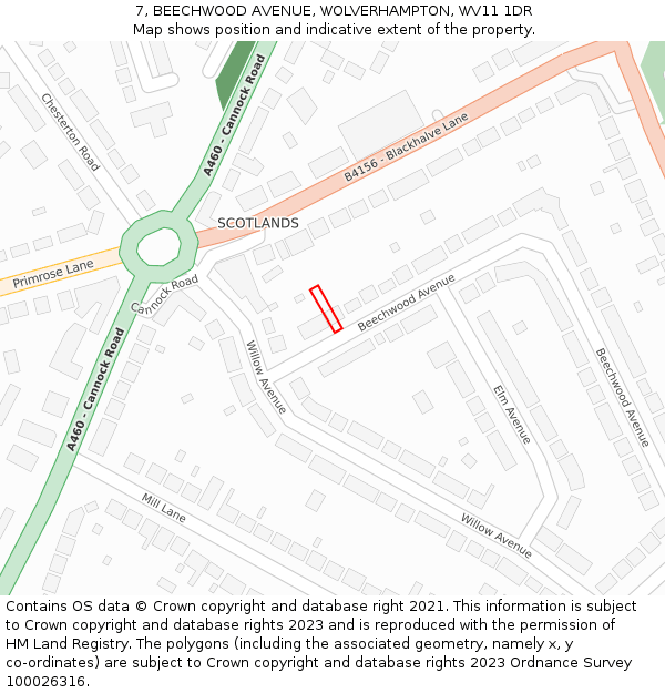 7, BEECHWOOD AVENUE, WOLVERHAMPTON, WV11 1DR: Location map and indicative extent of plot