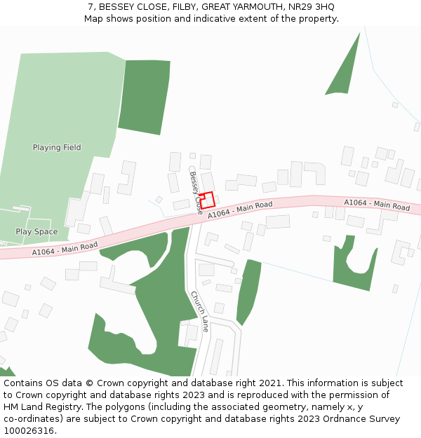 7, BESSEY CLOSE, FILBY, GREAT YARMOUTH, NR29 3HQ: Location map and indicative extent of plot