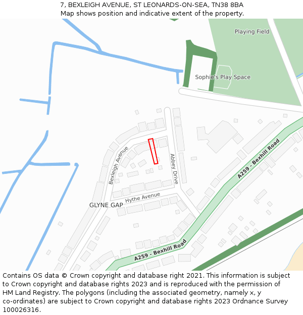 7, BEXLEIGH AVENUE, ST LEONARDS-ON-SEA, TN38 8BA: Location map and indicative extent of plot
