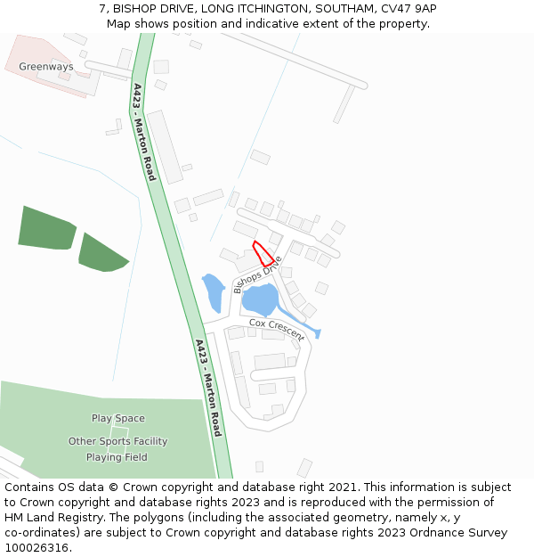 7, BISHOP DRIVE, LONG ITCHINGTON, SOUTHAM, CV47 9AP: Location map and indicative extent of plot