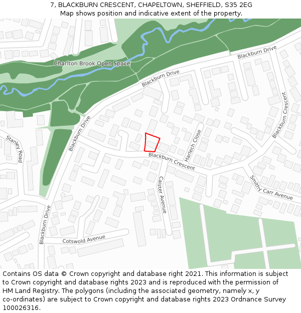 7, BLACKBURN CRESCENT, CHAPELTOWN, SHEFFIELD, S35 2EG: Location map and indicative extent of plot