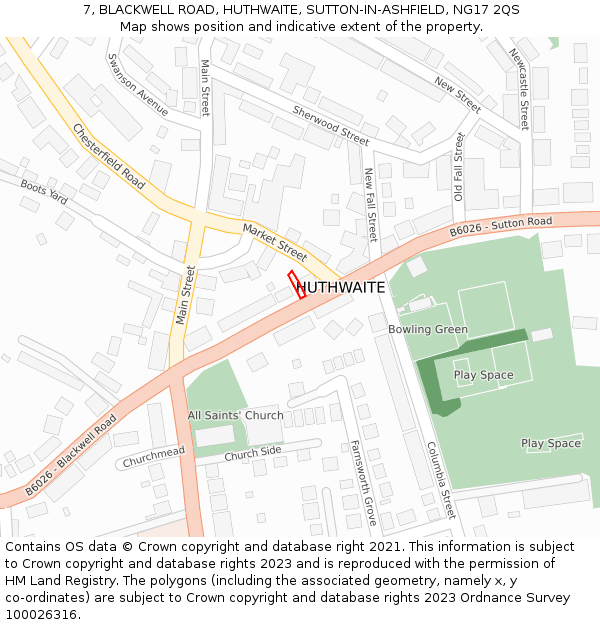 7, BLACKWELL ROAD, HUTHWAITE, SUTTON-IN-ASHFIELD, NG17 2QS: Location map and indicative extent of plot