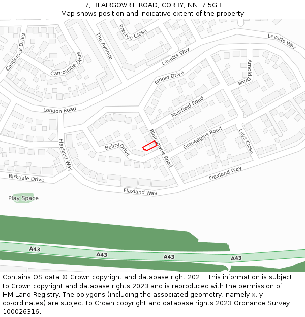 7, BLAIRGOWRIE ROAD, CORBY, NN17 5GB: Location map and indicative extent of plot