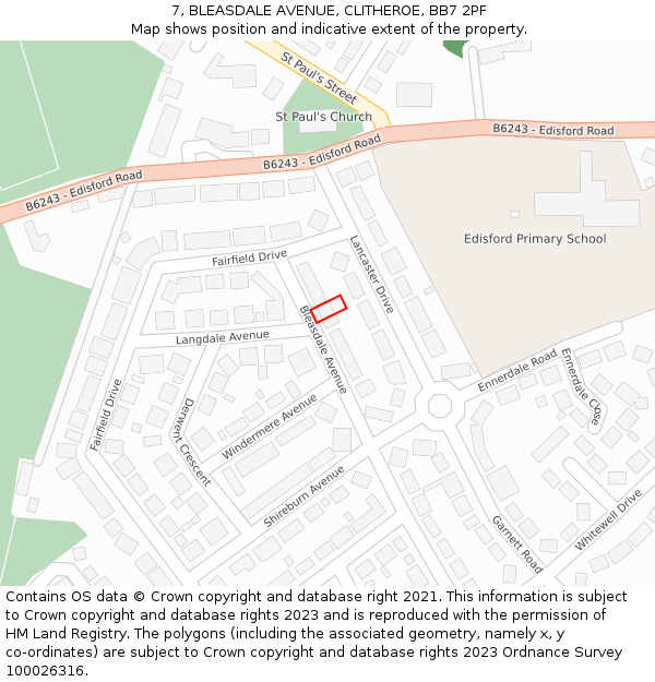 7, BLEASDALE AVENUE, CLITHEROE, BB7 2PF: Location map and indicative extent of plot