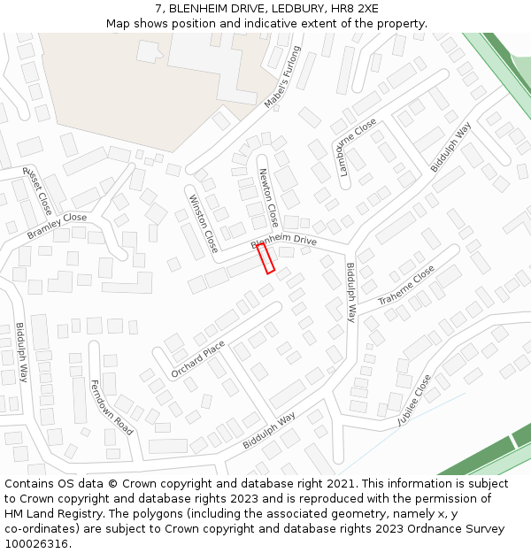 7, BLENHEIM DRIVE, LEDBURY, HR8 2XE: Location map and indicative extent of plot