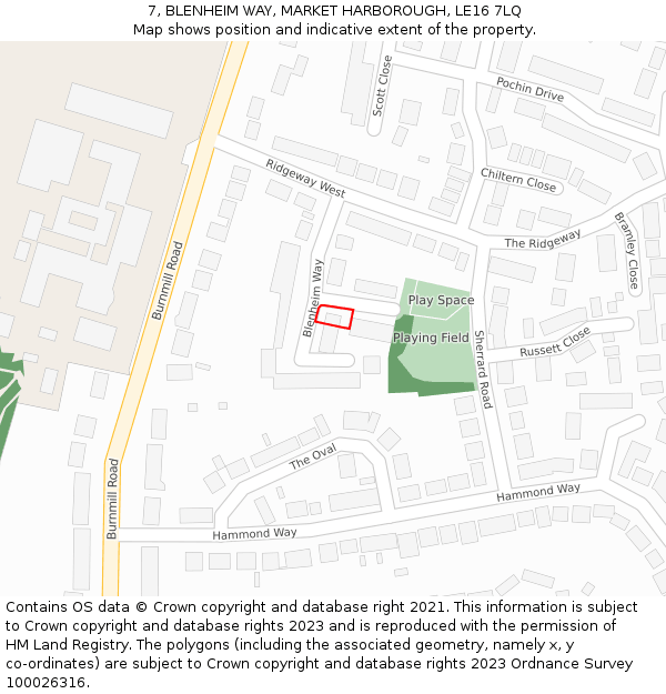 7, BLENHEIM WAY, MARKET HARBOROUGH, LE16 7LQ: Location map and indicative extent of plot