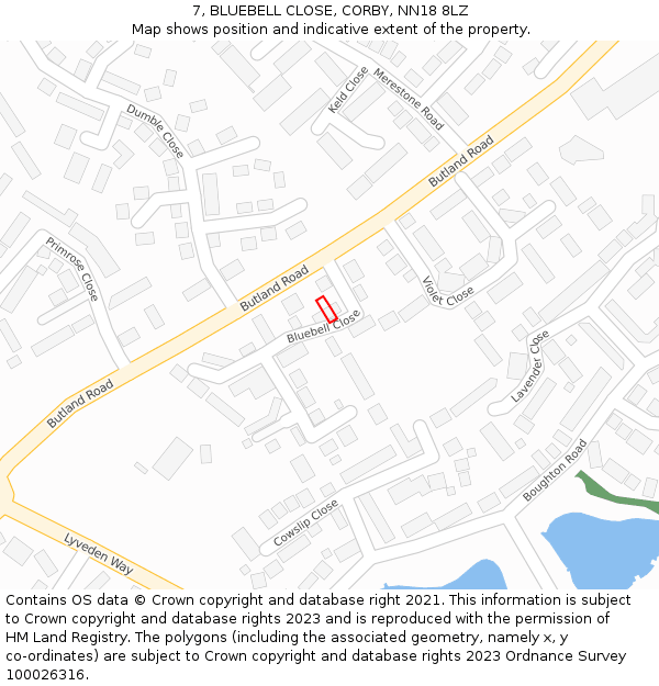 7, BLUEBELL CLOSE, CORBY, NN18 8LZ: Location map and indicative extent of plot