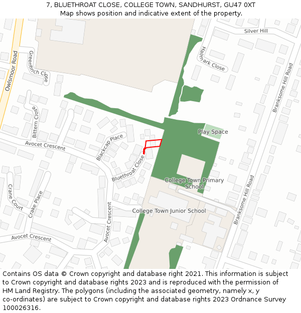 7, BLUETHROAT CLOSE, COLLEGE TOWN, SANDHURST, GU47 0XT: Location map and indicative extent of plot