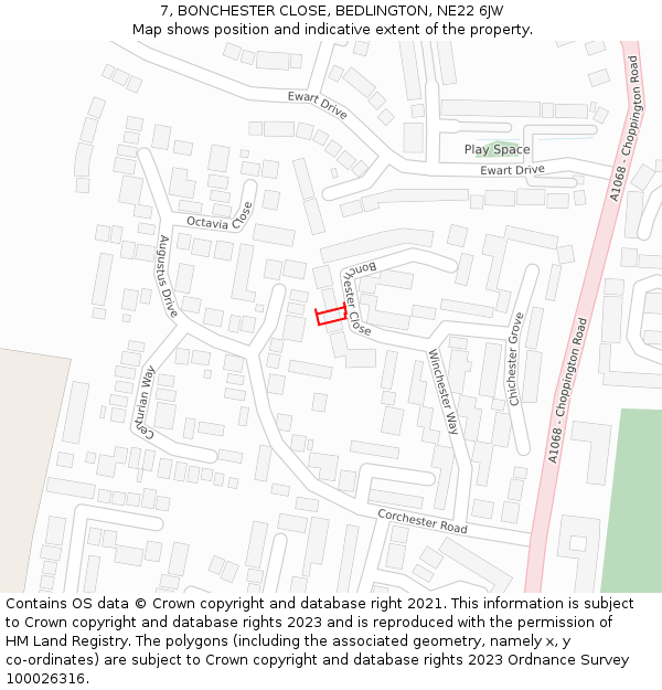 7, BONCHESTER CLOSE, BEDLINGTON, NE22 6JW: Location map and indicative extent of plot