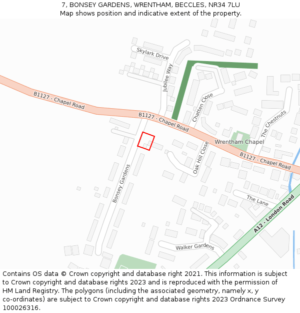7, BONSEY GARDENS, WRENTHAM, BECCLES, NR34 7LU: Location map and indicative extent of plot