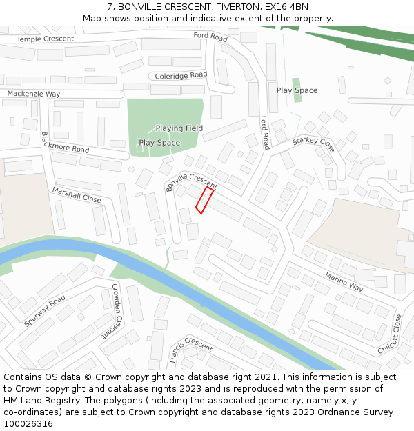 7, BONVILLE CRESCENT, TIVERTON, EX16 4BN: Location map and indicative extent of plot