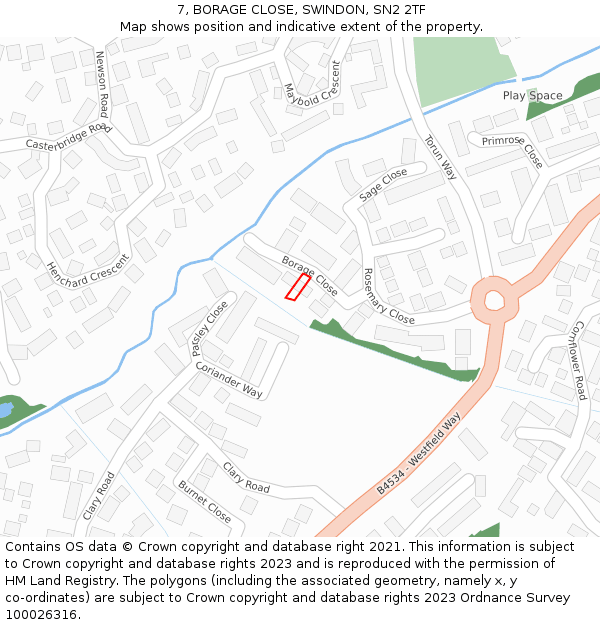 7, BORAGE CLOSE, SWINDON, SN2 2TF: Location map and indicative extent of plot