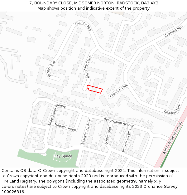 7, BOUNDARY CLOSE, MIDSOMER NORTON, RADSTOCK, BA3 4XB: Location map and indicative extent of plot