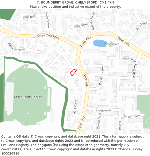 7, BOUNDERBY GROVE, CHELMSFORD, CM1 4XN: Location map and indicative extent of plot