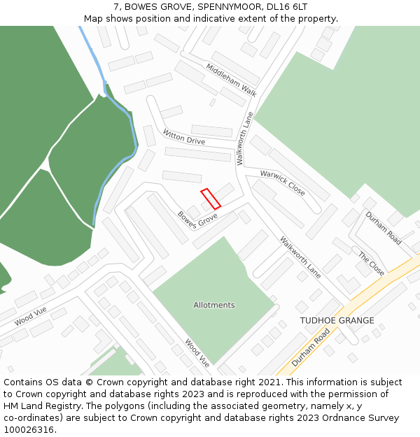 7, BOWES GROVE, SPENNYMOOR, DL16 6LT: Location map and indicative extent of plot
