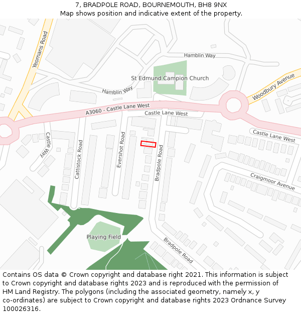 7, BRADPOLE ROAD, BOURNEMOUTH, BH8 9NX: Location map and indicative extent of plot