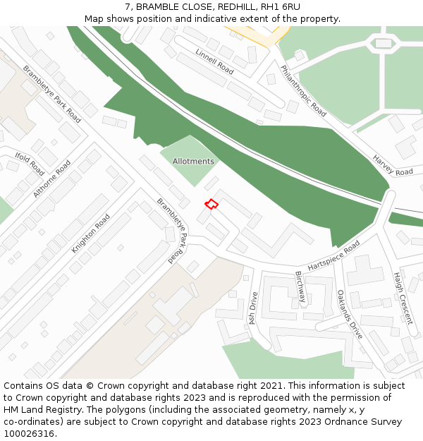 7, BRAMBLE CLOSE, REDHILL, RH1 6RU: Location map and indicative extent of plot