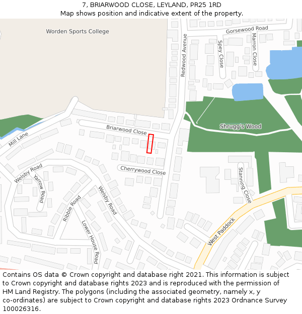 7, BRIARWOOD CLOSE, LEYLAND, PR25 1RD: Location map and indicative extent of plot