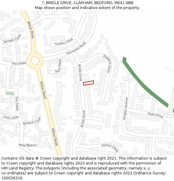 7, BRIDLE DRIVE, CLAPHAM, BEDFORD, MK41 6BB: Location map and indicative extent of plot