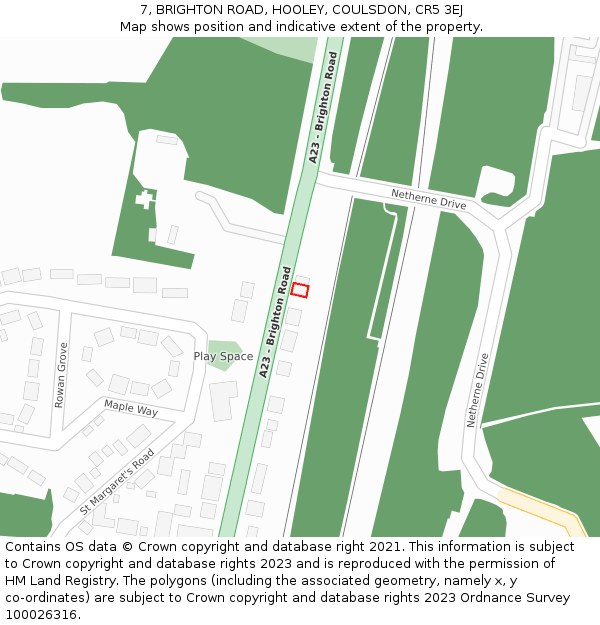 7, BRIGHTON ROAD, HOOLEY, COULSDON, CR5 3EJ: Location map and indicative extent of plot