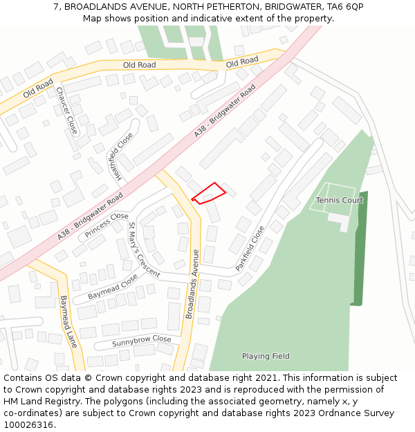 7, BROADLANDS AVENUE, NORTH PETHERTON, BRIDGWATER, TA6 6QP: Location map and indicative extent of plot
