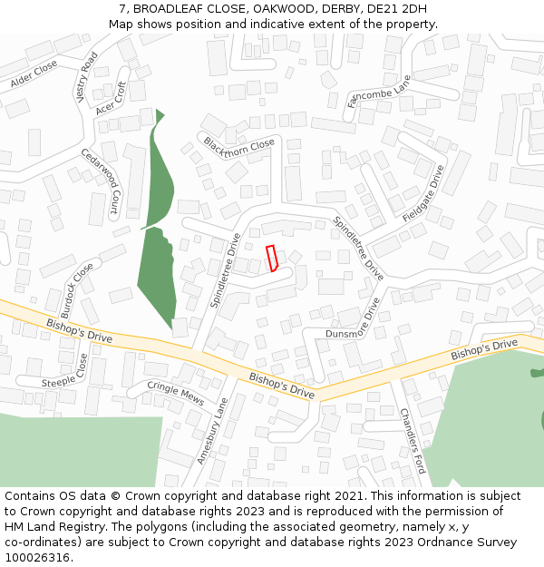 7, BROADLEAF CLOSE, OAKWOOD, DERBY, DE21 2DH: Location map and indicative extent of plot