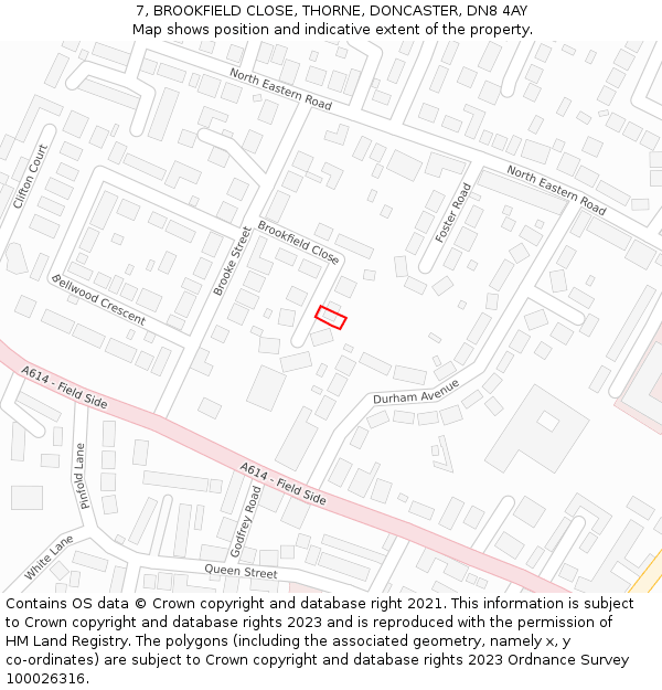 7, BROOKFIELD CLOSE, THORNE, DONCASTER, DN8 4AY: Location map and indicative extent of plot
