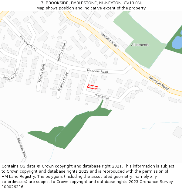 7, BROOKSIDE, BARLESTONE, NUNEATON, CV13 0NJ: Location map and indicative extent of plot