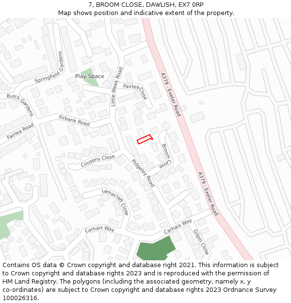 7, BROOM CLOSE, DAWLISH, EX7 0RP: Location map and indicative extent of plot