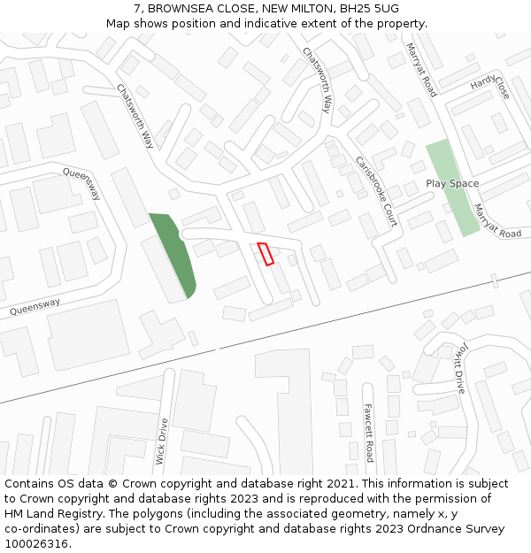 7, BROWNSEA CLOSE, NEW MILTON, BH25 5UG: Location map and indicative extent of plot
