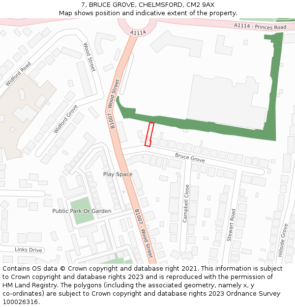 7, BRUCE GROVE, CHELMSFORD, CM2 9AX: Location map and indicative extent of plot
