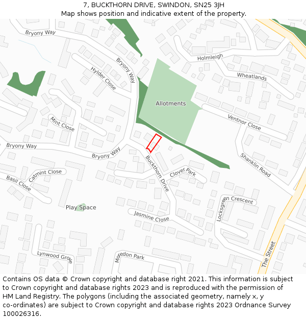 7, BUCKTHORN DRIVE, SWINDON, SN25 3JH: Location map and indicative extent of plot