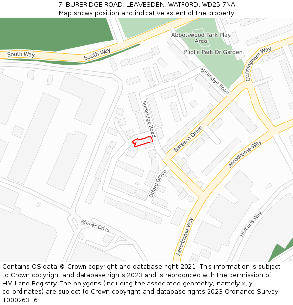 7, BURBRIDGE ROAD, LEAVESDEN, WATFORD, WD25 7NA: Location map and indicative extent of plot