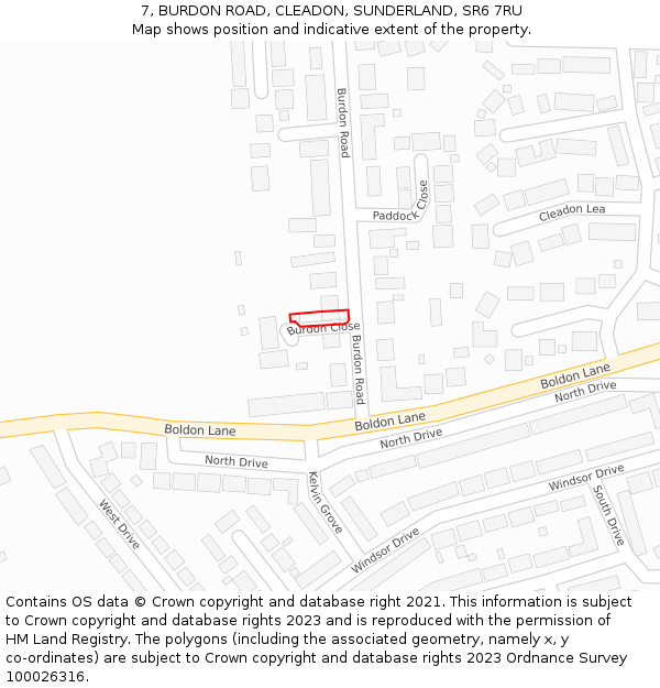 7, BURDON ROAD, CLEADON, SUNDERLAND, SR6 7RU: Location map and indicative extent of plot