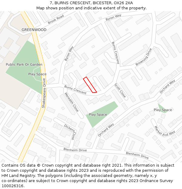 7, BURNS CRESCENT, BICESTER, OX26 2XA: Location map and indicative extent of plot