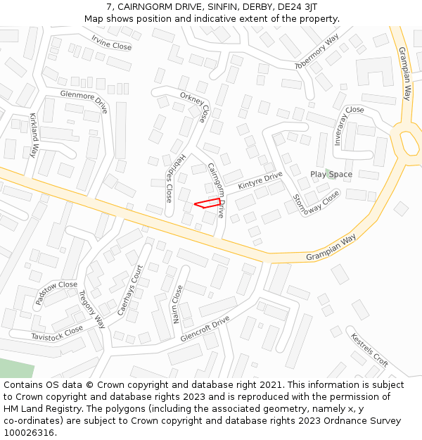 7, CAIRNGORM DRIVE, SINFIN, DERBY, DE24 3JT: Location map and indicative extent of plot