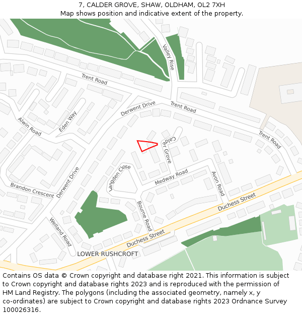 7, CALDER GROVE, SHAW, OLDHAM, OL2 7XH: Location map and indicative extent of plot