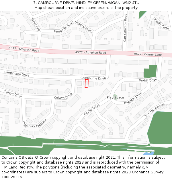 7, CAMBOURNE DRIVE, HINDLEY GREEN, WIGAN, WN2 4TU: Location map and indicative extent of plot